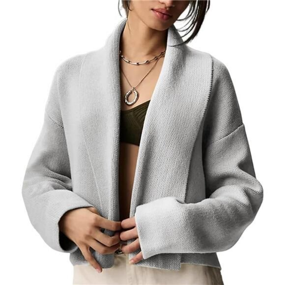 Chic Cropped Cardigan Sweater Oversized Lapel Chunky Knit Coatigan Open Front - Picture 1 of 6